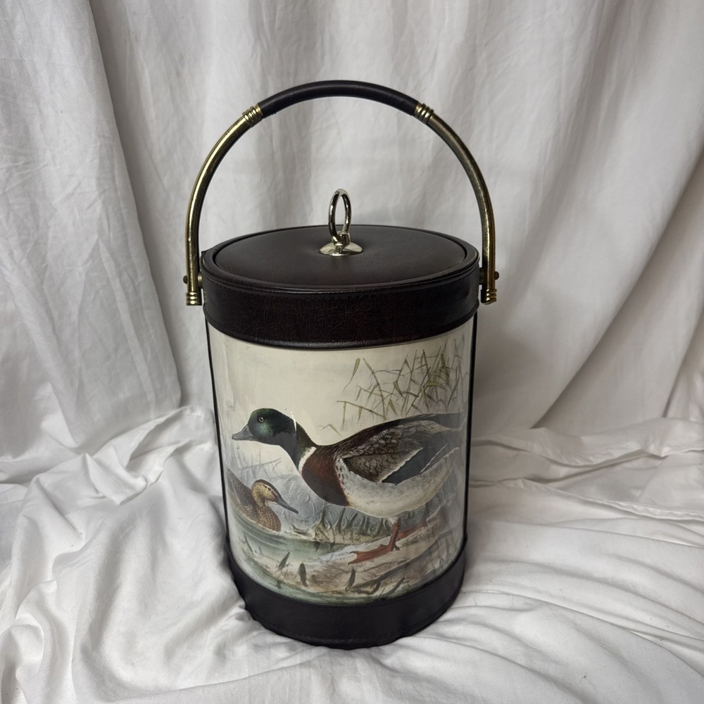 Vintage MCM Leather Duck Mallard Ice Bucket Bar Sigma Brass Handle Rustic Lake